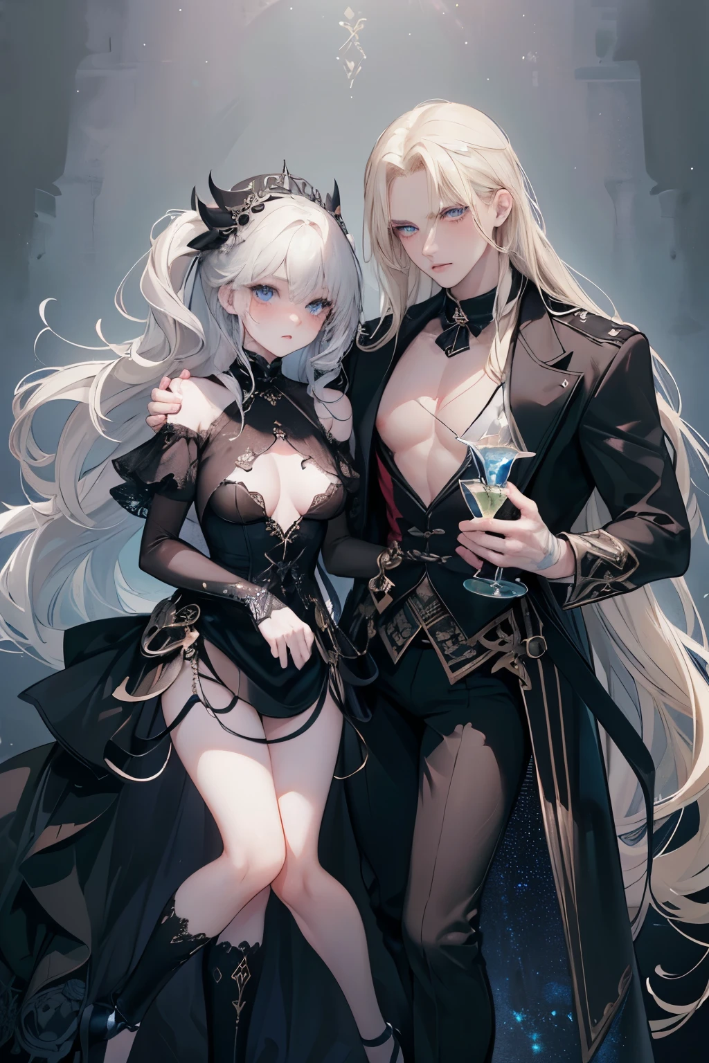 (((full-body view))), ((hentai)), ((girl and two men)), ((dark fantasy)),two mature male, 30-ish, (wide shoulder), ((no chest hair)),man with short black Quiff hair with Soft Fringe, (bangs part on side 3:7 ratio), blue eyes, upper body, short hair, looking at viewer, parted lips, round eyewear, showing a bit of muscles,(( girl with wavy hair, pale skin, long light blond hair),((light blue eyes)), freckles,(girl 18 years old),erotic posing,Gothic background, Dark fantastic view,Best Quality,masutepiece,8K,The ultimate detailed dark background, Top image quality、RAW photography、超A high resolution, overall look is very erotic, round chest, Beautiful Eyes of Details、Very slender eyes、Beautiful eyelashes、Very slim physique, with blush cheeks