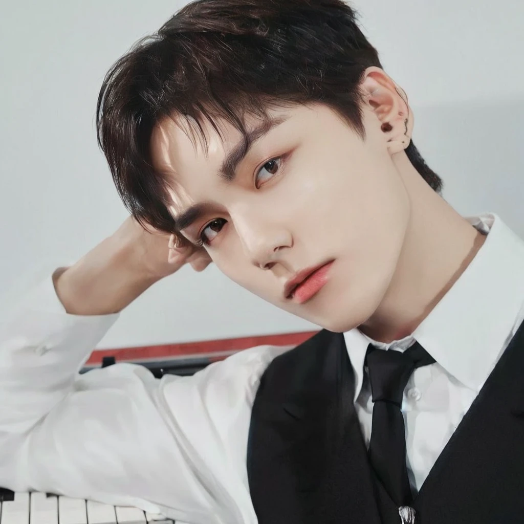 trimmed man in vest and tie leaning against a piano, cai xukun, jungkook from bts,  Kim Doyoung, thanjun chengt, jungkook, hyung tae, sha xi, jeon Jungkook, Hsiao-ron, Jinyoung Shin, jia, Hong Jun Hyung, heise jinyao, Tae June Kim, than, inspired by Bian Shoumin, profile picture with headshot, kpop idol portrait, Jeon Jungkook from bts 