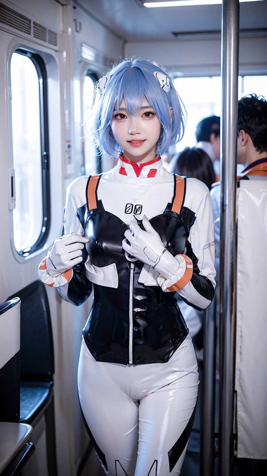 (One Girl:1.3), Japanese high school students, Great face and eyes, Looking into the camera, A joyful smile、Showing teeth、 (Highest quality:1.4), Very detailed CG 統合 8k 壁紙, Very detailed, 高解像度のRAWカラーphotograph, プロのphotograph撮影, Realistic full boDy shot, Studio shot、Portrait of sexy girl, Open appearance, Ultra-high resolution,Highest quality,photograph,4K,(Realistic:1.2),One Girl,:D,ayanami_Cosplay_Costume,Plug Suit,Blue Hair,Ayanami Rei,Pilot Suit,Cosplay,Interface Headset,Hair Pod,gloves,Braces,Perfect fit for your skin,(Short Hair:1.8)、slim、on the train、Dark Eyes、