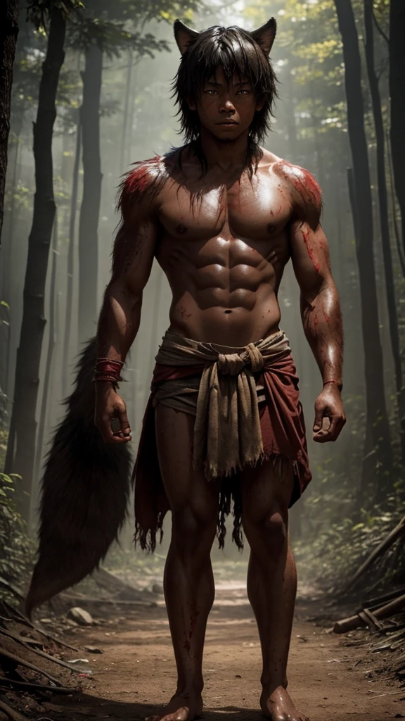 10 year old werewolf boy,Topless,Red skin,barefoot,covered in wounds,Muscle fullness,Standing,Tears,Wolf ears,Smooth skin,Standing on the dirt
