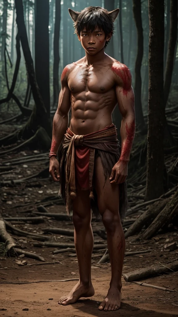   10 year old werewolf boy，Topless，Red skin，barefoot，covered in wounds，Muscle fullness，Standing，Tears，Wolf ears，Smooth skin，Standing on the dirt