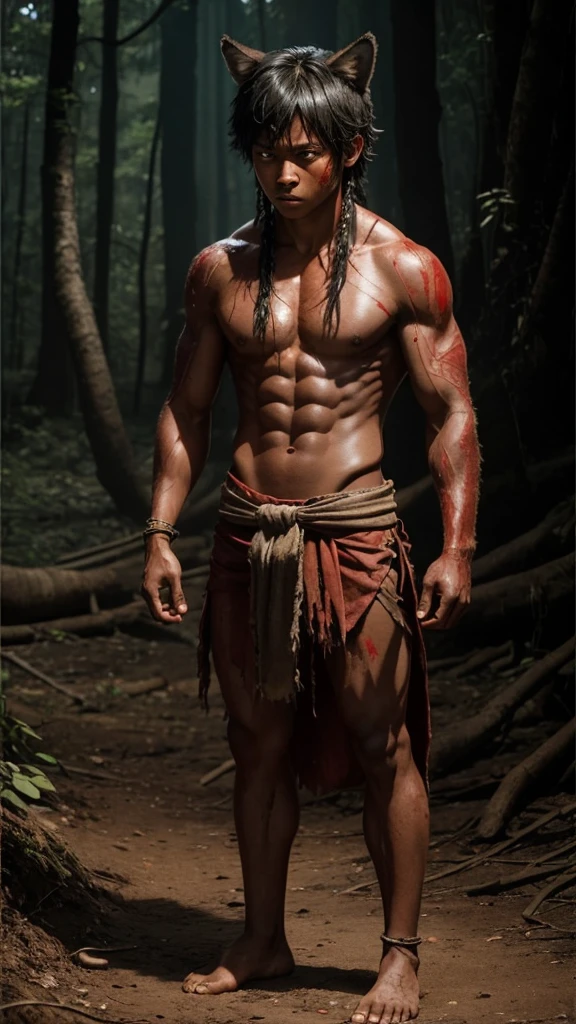   10 year old werewolf boy，Topless，Red skin，barefoot，covered in wounds，Muscle fullness，Standing，Tears，Wolf ears，Smooth skin，Standing on the dirt