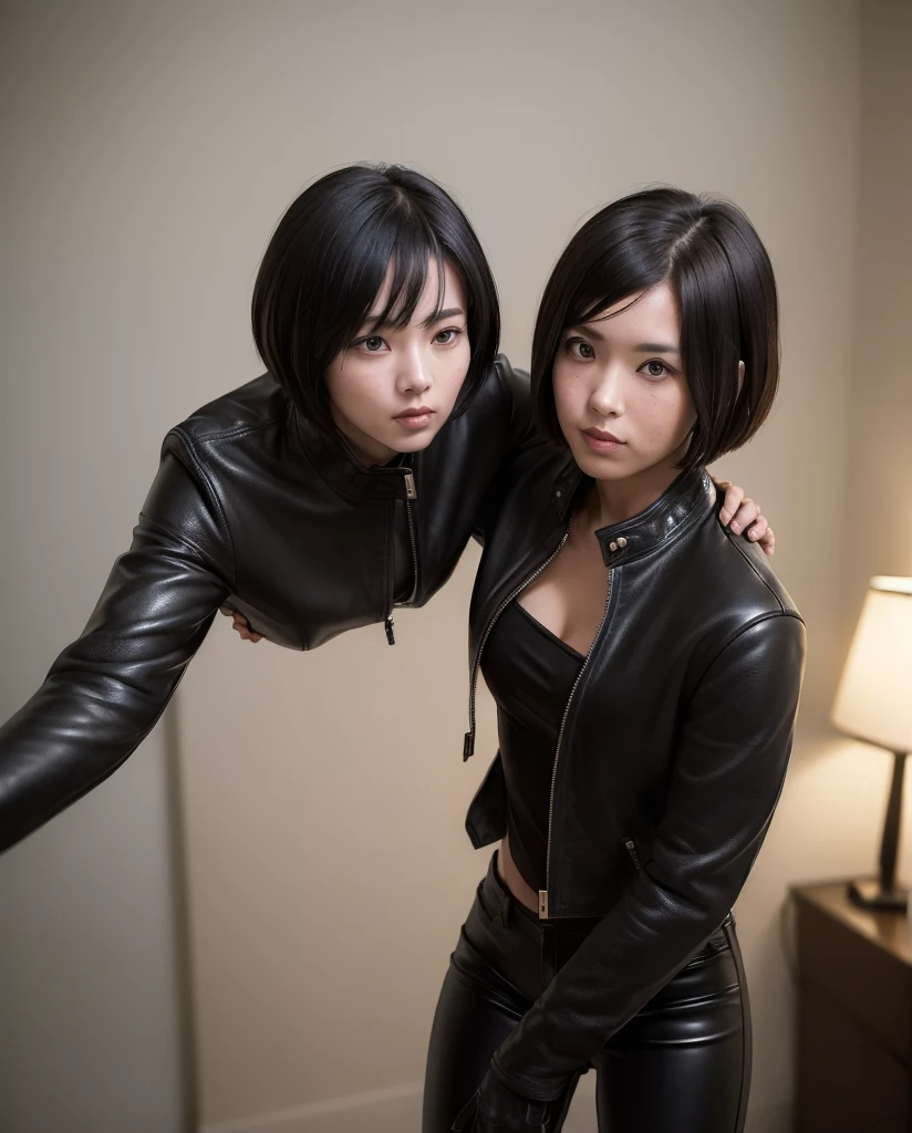 (princess carry:1.5), (masterpiece), (cowboy shot), A realistic photograph of (2 women), she has very short bowl cut hair, she is wearing (luxury black horsehide pants) and (luxury black horsehide jacket), (the woman is satisfied), dark theme, (looking at viewer), in a dark bedroom at night,