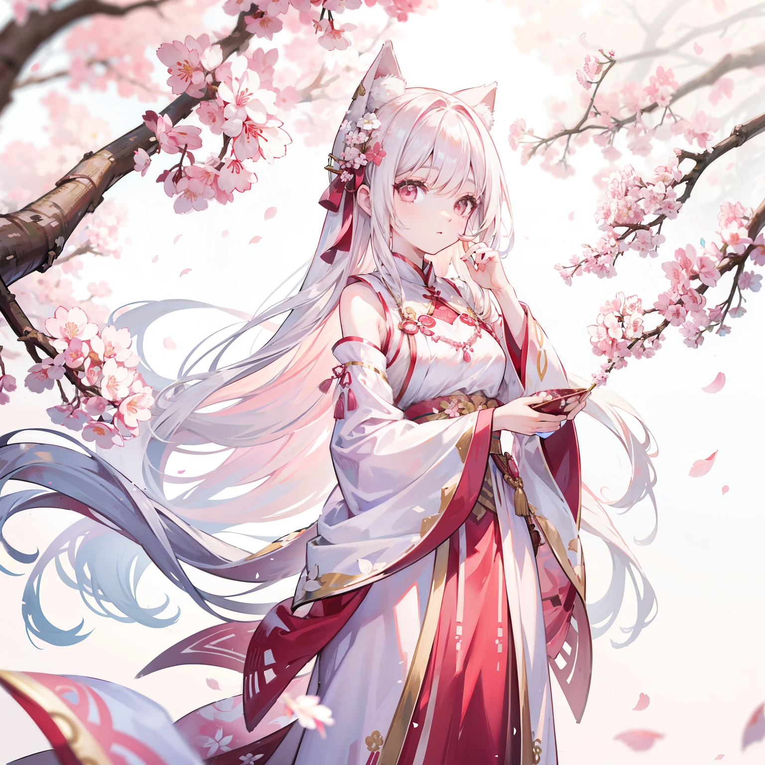white straight long hair,Wearing a pale pink antique Han costume,Holding cherry blossom branches,In the background, beautiful cherry blossom trees scattered with cherry blossoms,She is a sweet girl who stands tall
