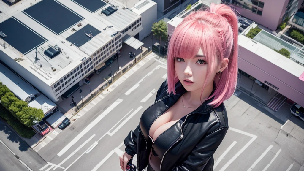 20 years old woman in a building landscape, top view, neon urban outfit, pink hair, high quality, 8k, cleavage
