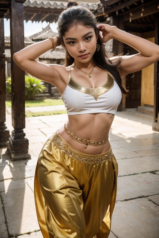 (8k, highest quality, ultra detailed:1.37), (Dina), 18yo, (a talented Javanese dancer), showcases her passion for hip hop dance. She wears a sporty urban outfit, including a crop top, joggers, and sneakers, allowing her to move freely. The high-resolution image captures ultra-detailed realism, highlighting Dina's captivating eyes, long eyelashes, and smooth complexion. The dynamic dance studio setting adds energy and excitement, capturing Dina's expressive movements and Javanese flair.