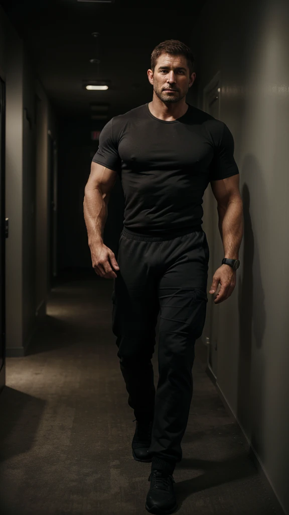 1 man, solo, 48 year old, Chris Redfield daddy, wearing a grey T-shirt, smirks, looking at the camera, black color on the shoulder and a bsaa logo on the shoulder, military tactical suit, equipment, tall and hunk, dont wearing no pants, only black boxer, huge bulge, black socks, no shoes,, biceps, abs, chest, best quality, masterpiece, high resolution:1.2, full body shot, dark black gloomy hallway with not background