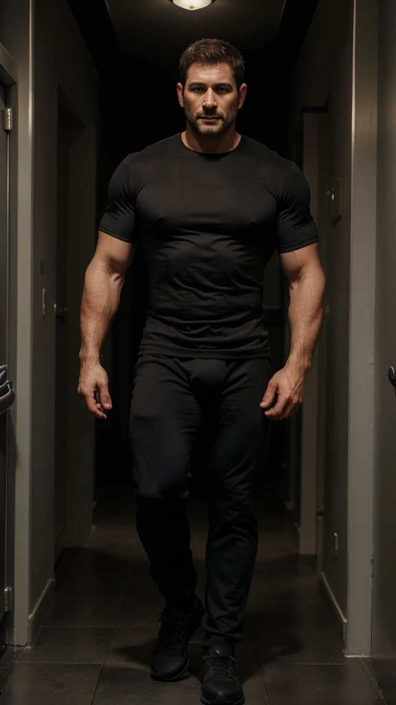 1 man, solo, 48 year old, Chris Redfield daddy, wearing a grey T-shirt, smirks, looking at the camera, black color on the shoulder and a bsaa logo on the shoulder, military tactical suit, equipment, tall and hunk, dont wearing no pants, only black boxer, huge bulge, black socks, no shoes,, biceps, abs, chest, best quality, masterpiece, high resolution:1.2, full body shot, dark black gloomy hallway with not background