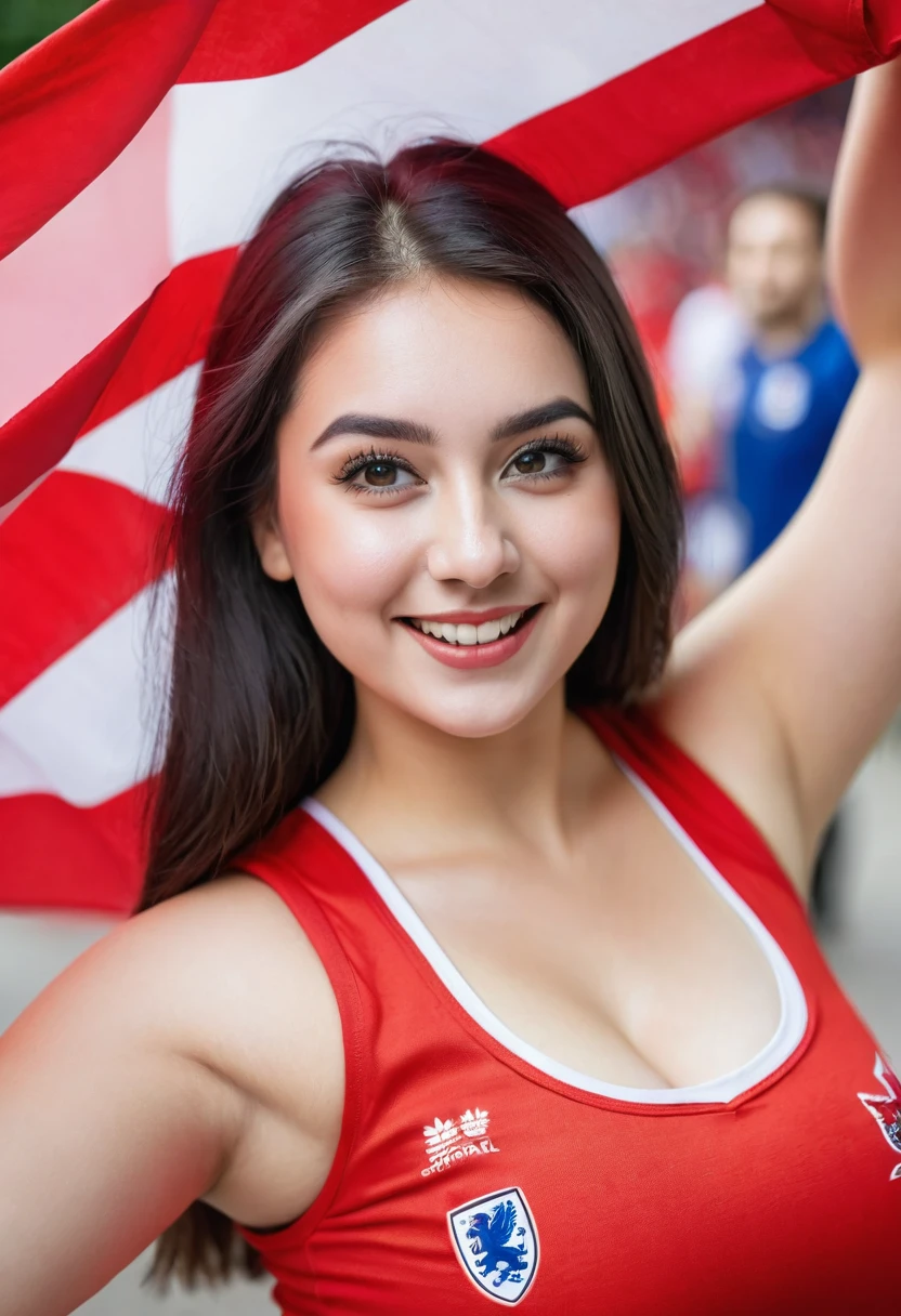 Supporter of the English national football team,close up beautiful curvy young woman wearing red tank top cheer for their beloved team