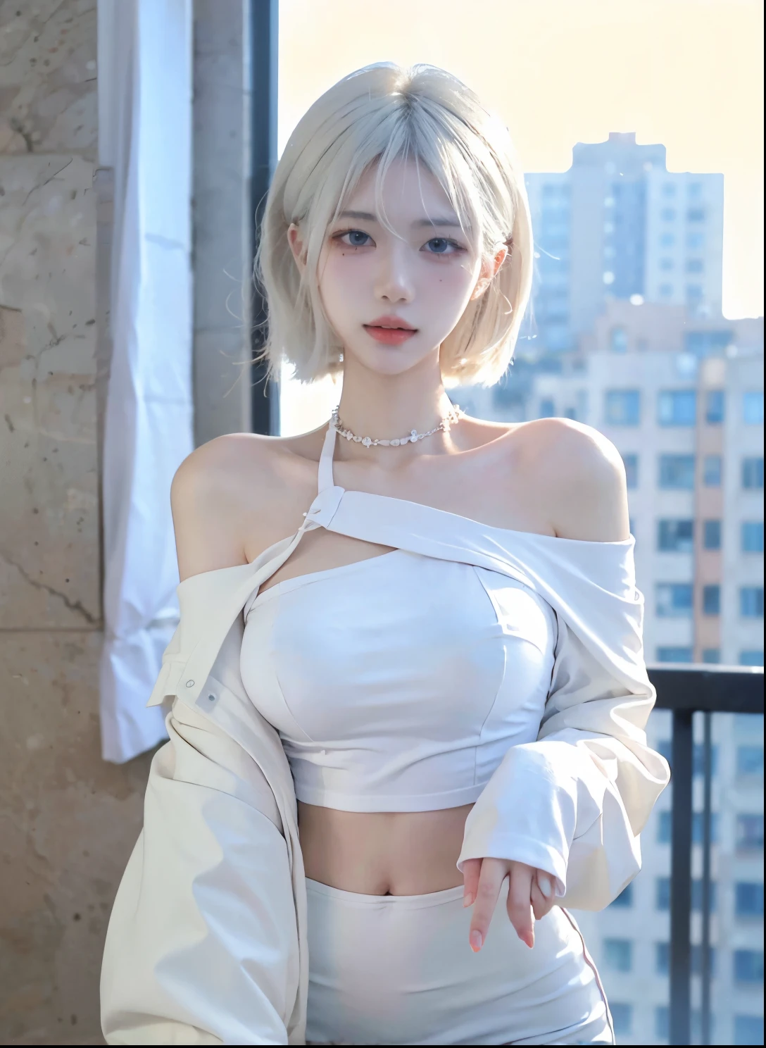 Beautiful woman with perfect figure:1.4，Ultra-high resolution，Seductive laughter，wear glasses，White背景，（lifelike：1.4），Layered Hairstyle，White皮肤，Super short pleated skirt，whole body，Very delicate face and skin texture，Double eyelids，Skin Whitening，Long hair，White hair，White，