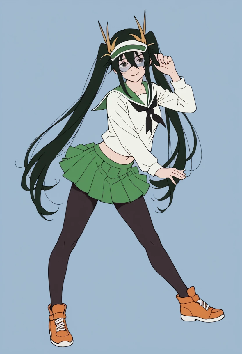 source_anime, 1girl, fullbody, dark green hair, light smile, black eyes, black hair, two front ponytails, japanese highschool uniform, transparent visor cap, short green skirt, black tights, 2 black horns on forehead, green sailor collar, white top, orange shoes, standing pose