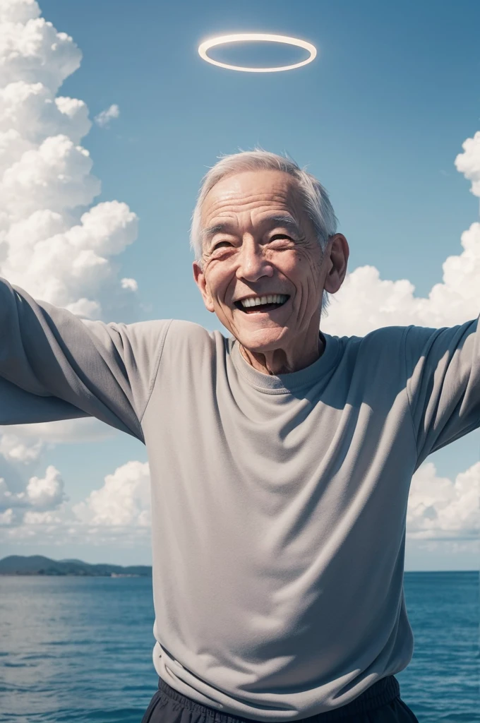 Square Photo, A thin elderly man with a halo on his head, Open arms, in the sky under the clouds, smiling like someone waiting for a hug 