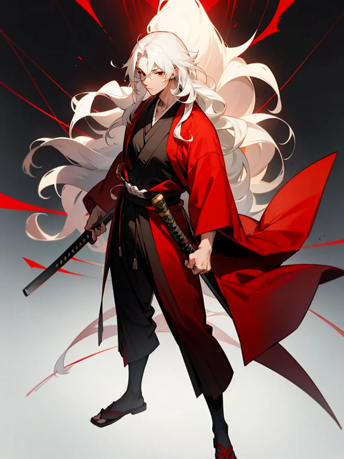A anime man, muscular body, long wavy White hair, Red and Black Eye, Red Kimono, holding a katana, standing, full body