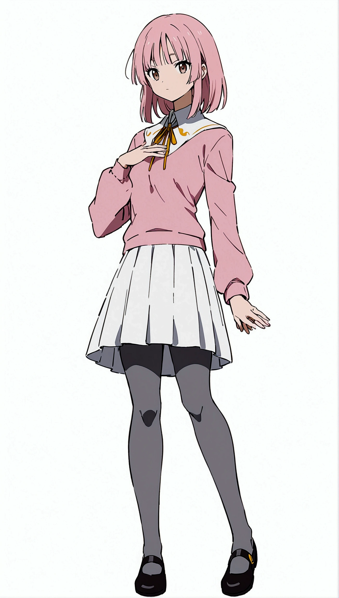 An anime-style full body profile picture of Mio, wearing a and long pink hair with bangs. She has dark brown eyes and wears grey tights underneath a white skirt. Her shoes have black soles and she is holding her hand in front of her chest. The background should be pure white to highlight the character's features. In the style of anime, a full-body portrait, slender figure, vibrant colors, a white backdrop, high resolution