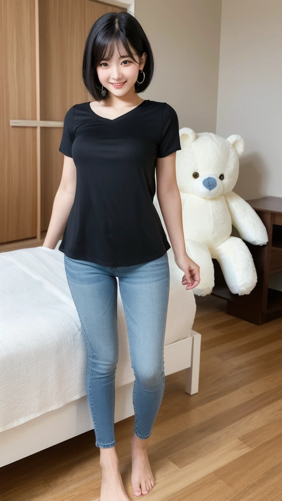 (8K, Realistic, RAW Photos, Highest quality: 1.4),Japanese idol-style beautiful girl,1 person,18-year-old,(Hairstyle(Very Short Bob,Black,Center Parting)),The forehead is visible,She has her hair tucked behind her ears,Large, clear grey eyes,Long eyelashes,(piercings(small)),(Lip gloss),lips(Plump,glossy),(Tunic(Short sleeve,Hemming out)),(Skin-tight 3/4 length jeans),Long legs,barefoot,Her Room,(On the bed(Are standing,Large stuffed animal)),Smiling at the camera,Front view,Full body portrait