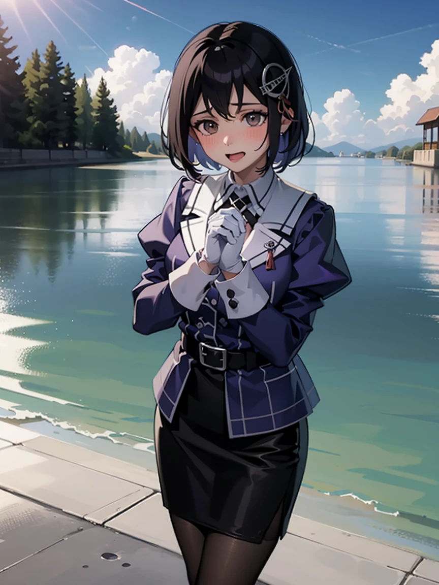 haguro \(kancolle\), short hair, black hair, brown eyes, hair ornament, Outfit : military uniform, purple jacket, black necktie, white gloves, black belt, black skirt, miniskirt, pencil skirt, white pantyhose, grey footwear, high heels,
BREAK
smile, bashful, nose blush, (heart hands, own hands together:1)
BREAK
Masterpiece, best quality, high resolution, 8K, official art, ultra-detailed, super resolution, extremely detailed and beautiful, extremely detailed, amazing and detailed, highly detailed beautiful girl, highly detailed face, highly detailed eyes, highly detailed skin, highly detailed fingers, highly detailed nose, very detailed mouth, perfect anatomy 
BREAK
Full body shot, contraposto, on the sea, on the water, bright, scenery, extremely detailed CG unity 16k, very fine 16KCG wallpapers