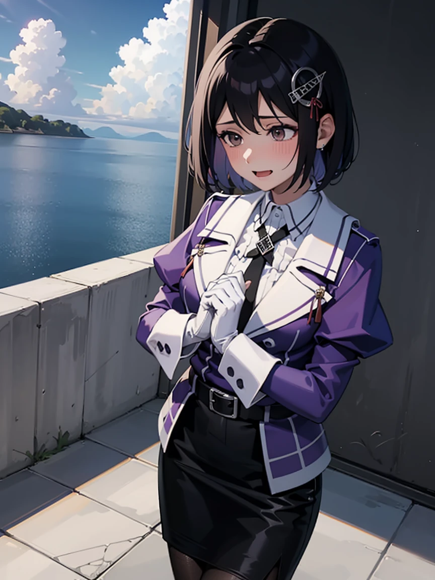 haguro \(kancolle\), short hair, black hair, brown eyes, hair ornament, Outfit : military uniform, purple jacket, black necktie, white gloves, black belt, black skirt, miniskirt, pencil skirt, white pantyhose, grey footwear, high heels,
BREAK
smile, bashful, nose blush, (heart hands, own hands together:1)
BREAK
Masterpiece, best quality, high resolution, 8K, official art, ultra-detailed, super resolution, extremely detailed and beautiful, extremely detailed, amazing and detailed, highly detailed beautiful girl, highly detailed face, highly detailed eyes, highly detailed skin, highly detailed fingers, highly detailed nose, very detailed mouth, perfect anatomy 
BREAK
Full body shot, contraposto, on the sea, on the water, bright, scenery, extremely detailed CG unity 16k, very fine 16KCG wallpapers