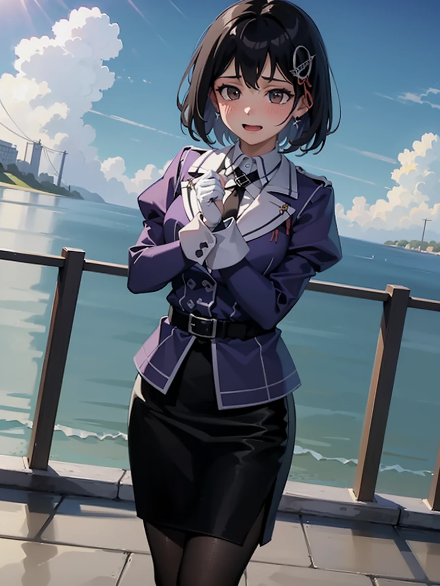 haguro \(kancolle\), short hair, black hair, brown eyes, hair ornament, Outfit : military uniform, purple jacket, black necktie, white gloves, black belt, black skirt, miniskirt, pencil skirt, white pantyhose, grey footwear, high heels,
BREAK
smile, bashful, nose blush, (heart hands, own hands together:1)
BREAK
Masterpiece, best quality, high resolution, 8K, official art, ultra-detailed, super resolution, extremely detailed and beautiful, extremely detailed, amazing and detailed, highly detailed beautiful girl, highly detailed face, highly detailed eyes, highly detailed skin, highly detailed fingers, highly detailed nose, very detailed mouth, perfect anatomy 
BREAK
Full body shot, contraposto, on the sea, on the water, bright, scenery, extremely detailed CG unity 16k, very fine 16KCG wallpapers