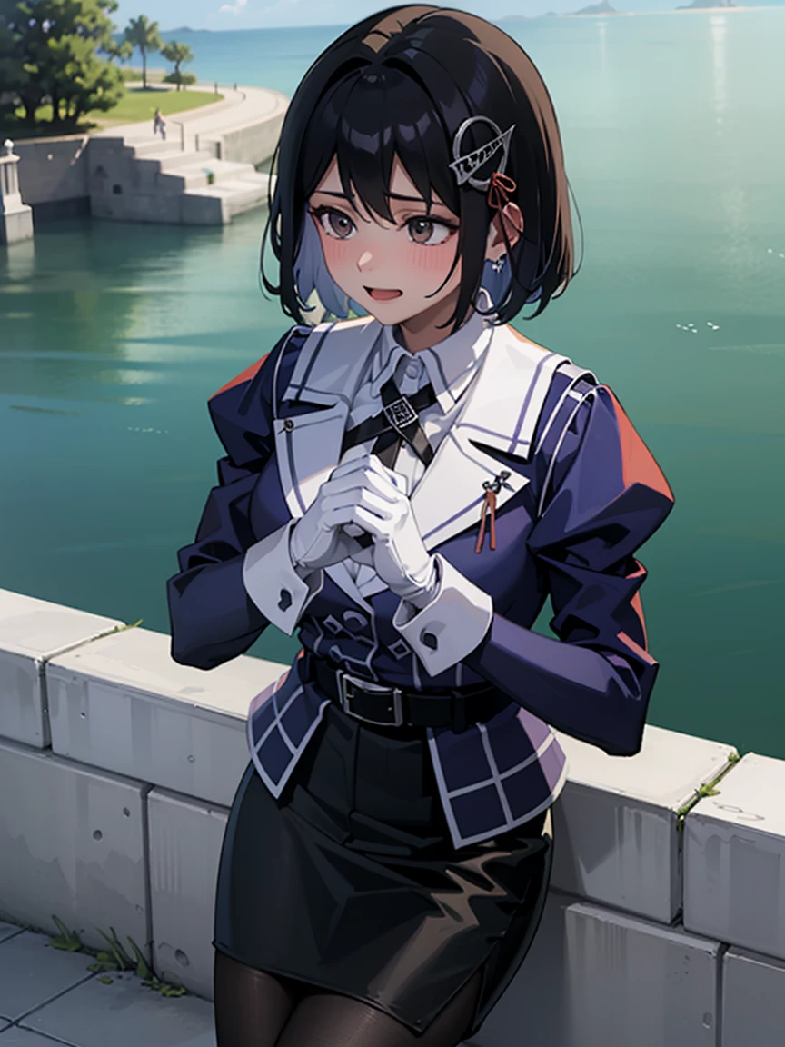 haguro \(kancolle\), short hair, black hair, brown eyes, hair ornament, Outfit : military uniform, purple jacket, black necktie, white gloves, black belt, black skirt, miniskirt, pencil skirt, white pantyhose, grey footwear, high heels,
BREAK
smile, bashful, nose blush, (heart hands, own hands together:1)
BREAK
Masterpiece, best quality, high resolution, 8K, official art, ultra-detailed, super resolution, extremely detailed and beautiful, extremely detailed, amazing and detailed, highly detailed beautiful girl, highly detailed face, highly detailed eyes, highly detailed skin, highly detailed fingers, highly detailed nose, very detailed mouth, perfect anatomy 
BREAK
Full body shot, contraposto, on the sea, on the water, bright, scenery, extremely detailed CG unity 16k, very fine 16KCG wallpapers