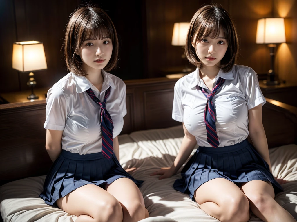 (RAW photo, 4k, masterpiece, high resolution, extremely complex) (realistic: 1.4), cinematic lighting
((2 girls, 2 schoolgirls)),Slam Dunk's,blushing,((innocent)),bright eyes,round eyes,blunt bangs,(short bob hair:1.3),black hair,large breasts,wide hips,Summer Noon, ,Hot, (Best Quality), (Highres), (an Extremely Delicate and Beautiful),(Beautiful 8k face),(Brown eyes),short bob hair,( spectators),(gigantic breasts),(Play with each other,Touching each other's bodies,Touching the body),(Japanese high school uniform:1.3),blue skirt,(reality),bright lighting,(The background is a luxury hotel room)