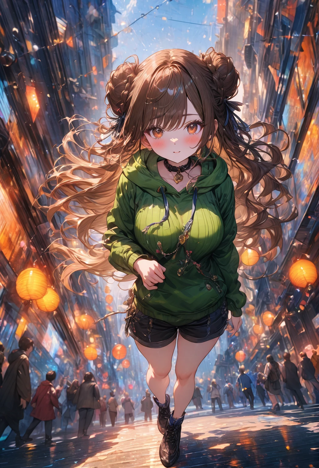 ((masterpiece:0), best quality, very aesthetic, newest, absurdres, detailed, high quality)
BREAK
highest quality, top quality, details, highres, ultra fine painting, digital art, official art, cinematic, 4k, 8k resolution, 8K CG wallpaper, CG, original artwork, detailed background, colorful background, blue atmosphere, High Dynamic Range, blurry background, blue hour, Starburst effects, crepuscular rays, good ISO, high resolution, wide shot, from far away, RAW photo, POV, sharp focus, light reflection, reflections, intricate details, soft light, particle noise, professional photography, bokeh, depth of field, natural lighting, vibrant colors, looking away, detailed lights and shadows, stylish, ultra-detailed, top rated on Pixiv, trending on Artstation, niji style, modern-days, master crafted, pose
BREAK
solo, 1girl, pale skin, correct fingers, detailed hand, (big breasts:1.2), tight breasts, big thighs, small torso, short body, flushtered, blush, anxious expression, casual, slim, ((cute, childlike face):1.3), nice hips, nice body, brown hair, (very long flowing hair, (big 2 buns hairstyle)), long bangs, long hair, middle hair bangs, brown eyes
BREAK
(green hoodie, choker, shorts, accessories, ((full body shot)))
BREAK
a person walking down a street with a crowd of people, crowded street, crowded streets, in front of a large crowd, giant crowd, girl walking through city, people walking down a street