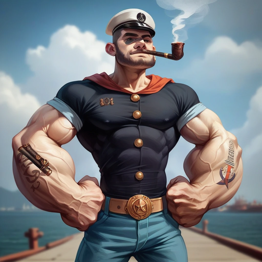 a muscular sailor, strong and powerful, wearing a black outfit, disproportionately large arms, muscular arms, sailor cap, smoking cigar, cinematic lighting, dramatic shadows, photorealistic, highly detailed, hyper realistic, 8k, masterpiece