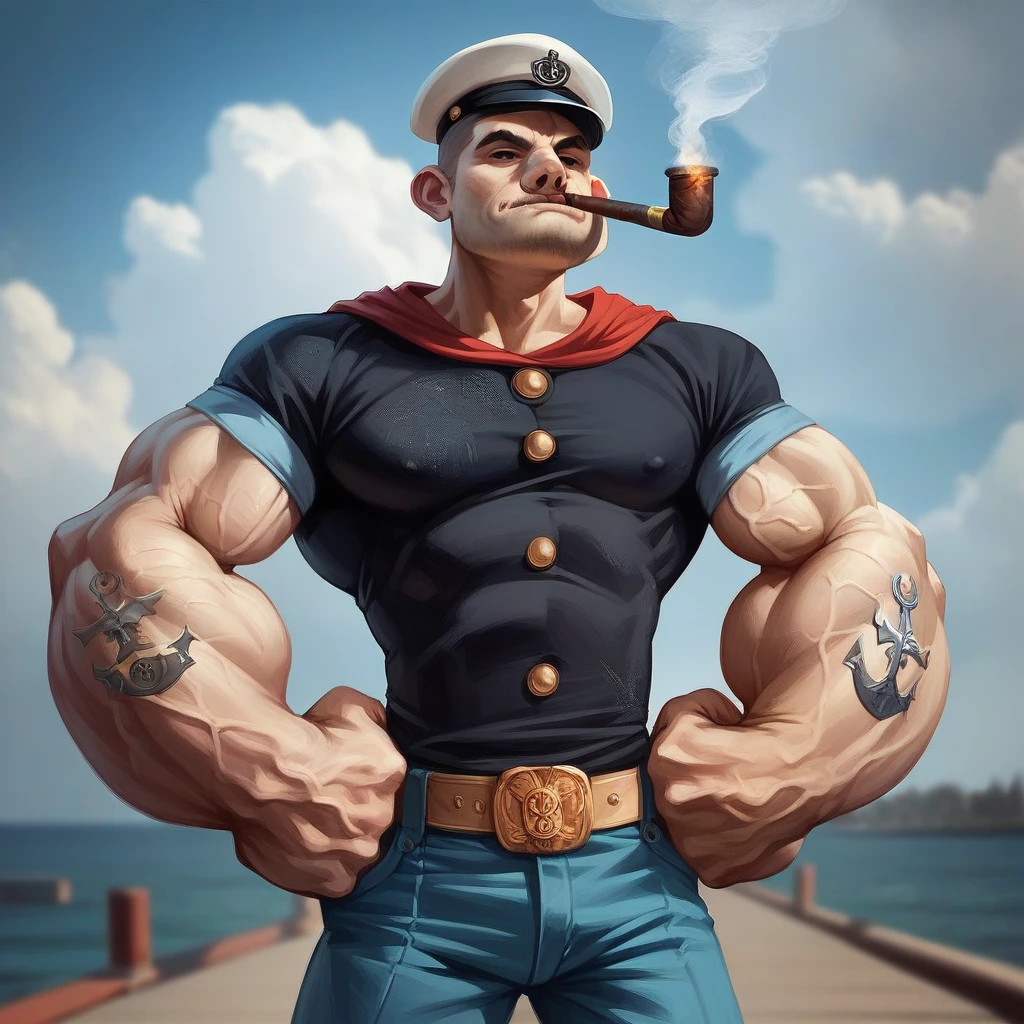 a muscular sailor, strong and powerful, wearing a black outfit, disproportionately large arms, muscular arms, sailor cap, smoking cigar, cinematic lighting, dramatic shadows, photorealistic, highly detailed, hyper realistic, 8k, masterpiece
