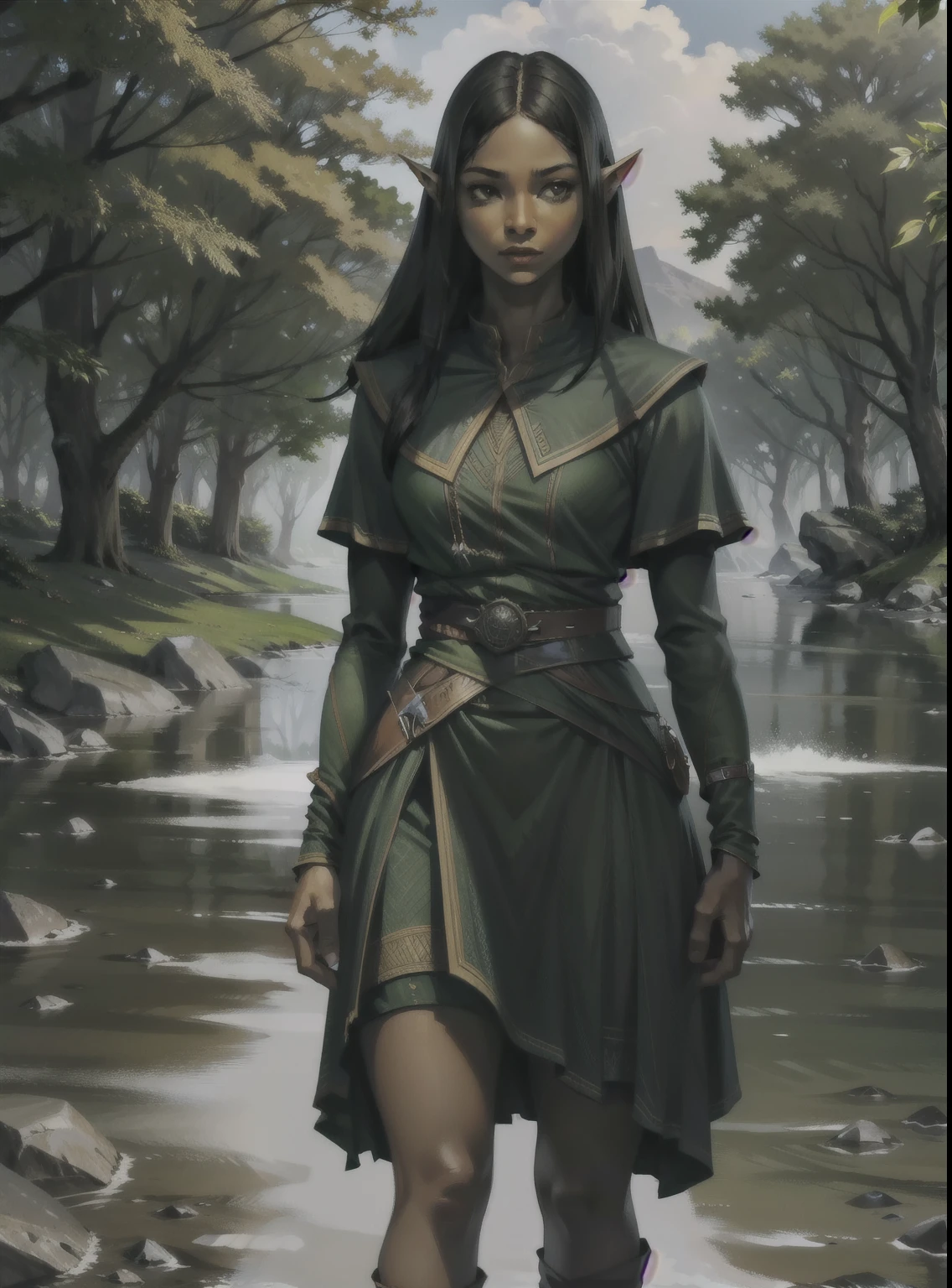 an elf of African descent wearing clothes made of tree leaves, black hair, forst