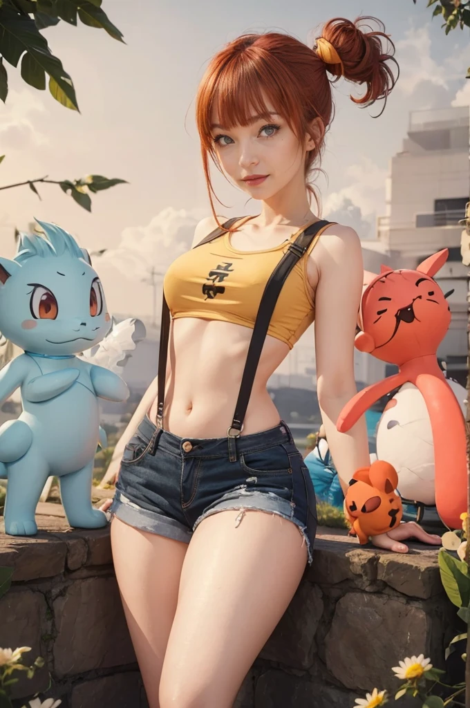 Hinata Hyuga wearing Misty's Pokémon clothes, dark blue long hair, extremely lifelike, very beautiful, extremely sexy, big-ass, legs thick, Fitness