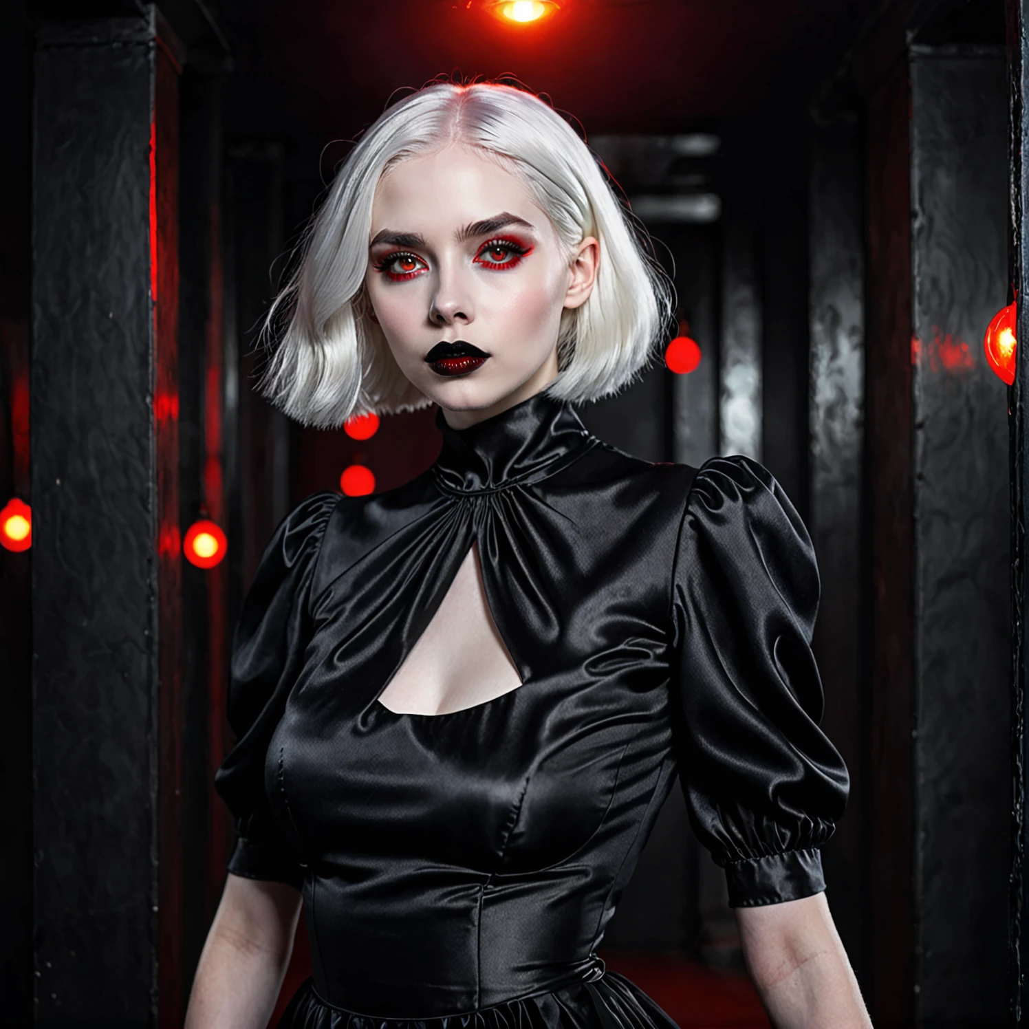 Girl with white hair, pale skin, black lips and red glowing eyes. She is wearing a black dress. realistically