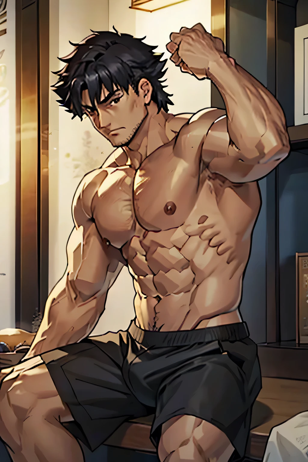 Kiritsugu is sitting and flexing his buff biceps and thighs. He wears black short boxershorts. You can see his thighs completely. He is shirtless. He is showing his abs too. He is admiring his arms. He has a huge bulge.