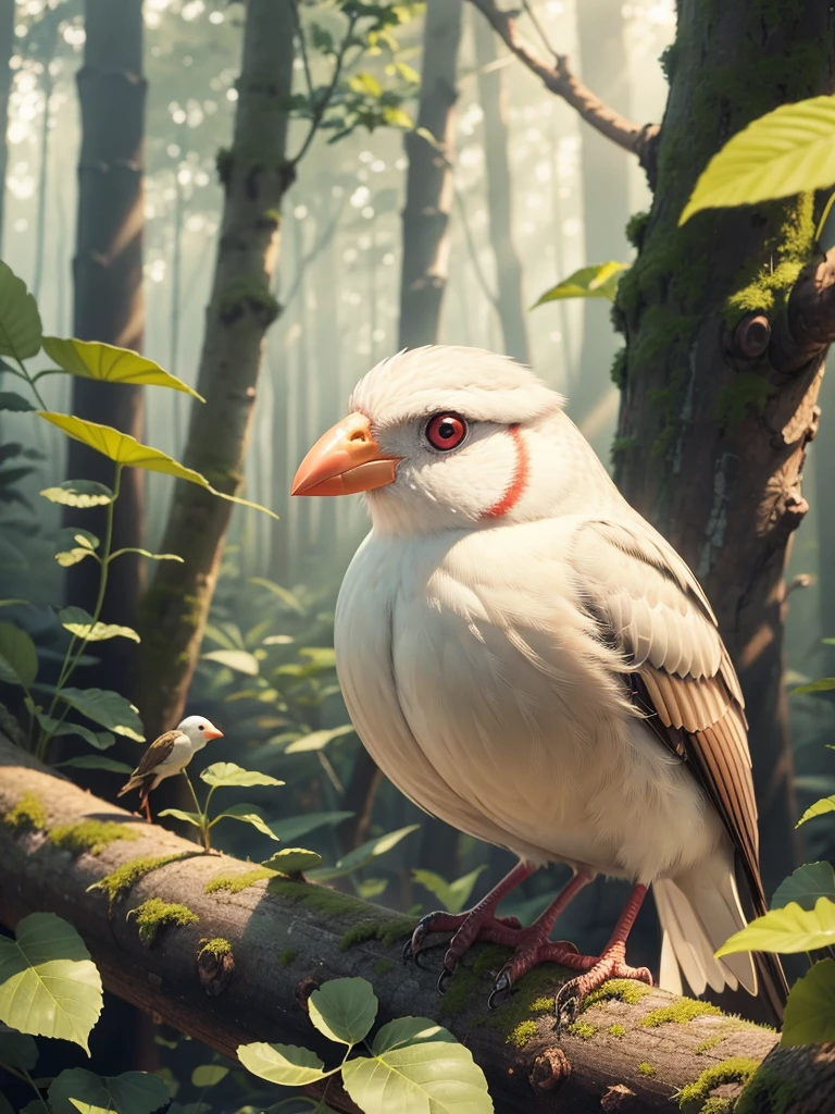 (Highest quality,masterpiece:1.2),Super quality,Red beakを持つアルビノの鳥が木の枝に止まっている,Grasp a thin branch with your feet,Pure white finch,Pet Birds,slender, Just one,Lonely,Watching birds, Cheeky look, birb, Pubic Pose, Intense albinism, Looking away from the camera,Sharp red eyes,Pale yellow beak,Red beak,Beautiful beak, in the forest,Sunlight filtering through the trees,Soft, diffused natural light,Dreamy atmosphere,Fantastic color palette