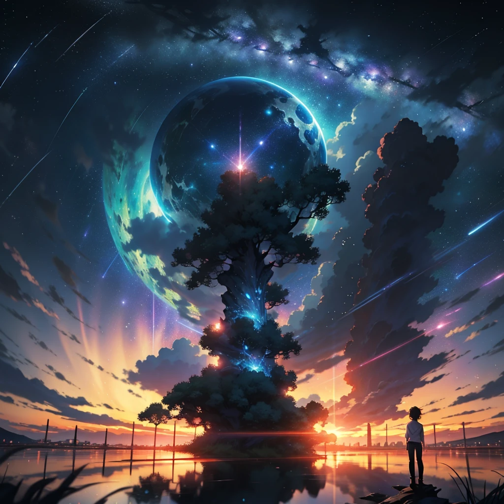Beautiful sky anime scene with stars and planets, Space Sky. by Makoto Shinkai, anime art wallpaper 4k, Meteor Fall, anime art wallpaper 4k, Anime Art Wallpapers 8K, anime wallpaper 4k, 4k anime wallpaper, Anime Sky, Awesome Wallpapers, Anime Background, Anime Background art, reflection, Quantum transition, White shirt, Black jeans, At the top of the mountain, Eye-catching、 A house seen in the distance
