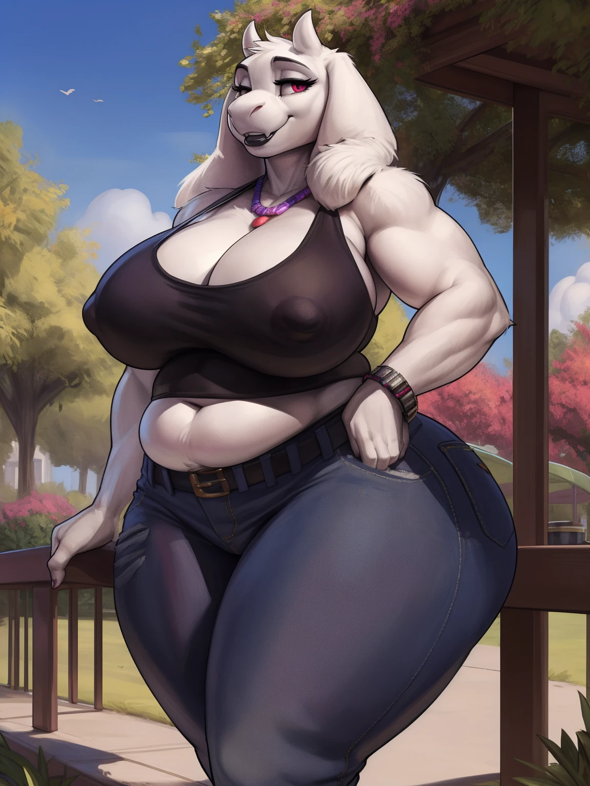 by darkgem, by duase, by kevinsano, solo, 1girl, toriel, maroon eyes, female, older woman, furry body, chubby, heavyset, wide body, wide hips, thick thighs, big arms, heavy breasts, nipple outline, highly detailed eye, (slit pupil), (black pupil:1.3), milf, tank top, bare midriff, cleavage, large areolae, mom jeans, lowrise jeans, bare midriff, visible thong straps, Masterpiece, best quality, absurd res, highly detailed, cleanly drawn eyes, park environment, cute smile, black lipstick, standing upright, casual posture, 