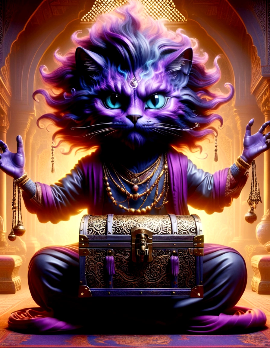 (Thick smoke floated out of an opened golden treasure chest and gradually turned into a monster in the air.),Giant cat demon,《Aladdin's magic lamp》,The hair of the monster that turned into smoke is dark black,Often draped over the shoulders,Gives a feeling of elegance yet dignity。He is very particular about his clothes.,Often wears a black robe,It is embroidered with mysterious patterns