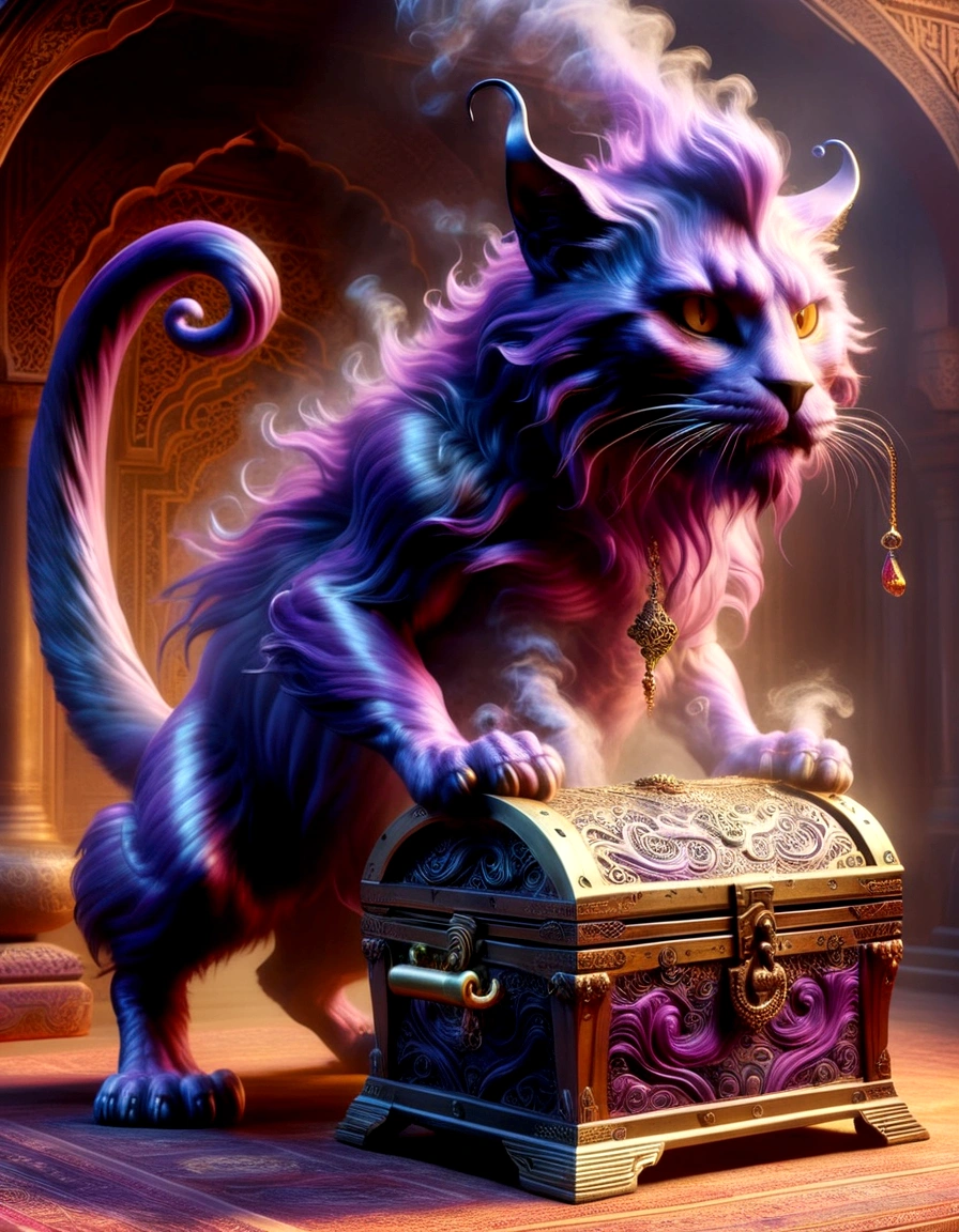 (Thick smoke floated out of an opened golden treasure chest and gradually turned into a monster in the air.),Giant cat demon,《Aladdin's magic lamp》,The hair of the monster that turned into smoke is dark black,Often draped over the shoulders,Gives a feeling of elegance yet dignity。He is very particular about his clothes.,Often wears a black robe,It is embroidered with mysterious patterns