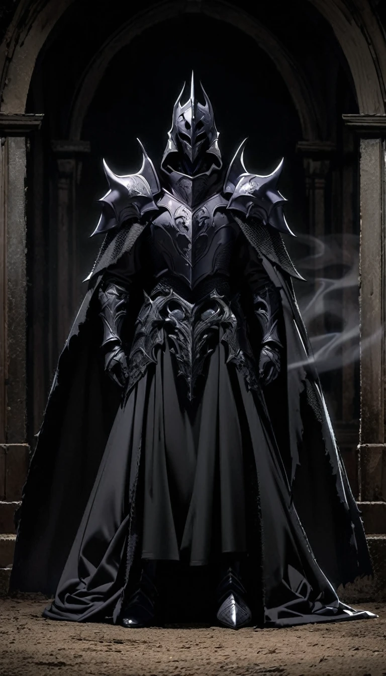 male black knight ghostly form, knight black ghost, shadow black ghost, distant full body view, mysterious figure, zoomed out full body, facing front, medieval knight, black