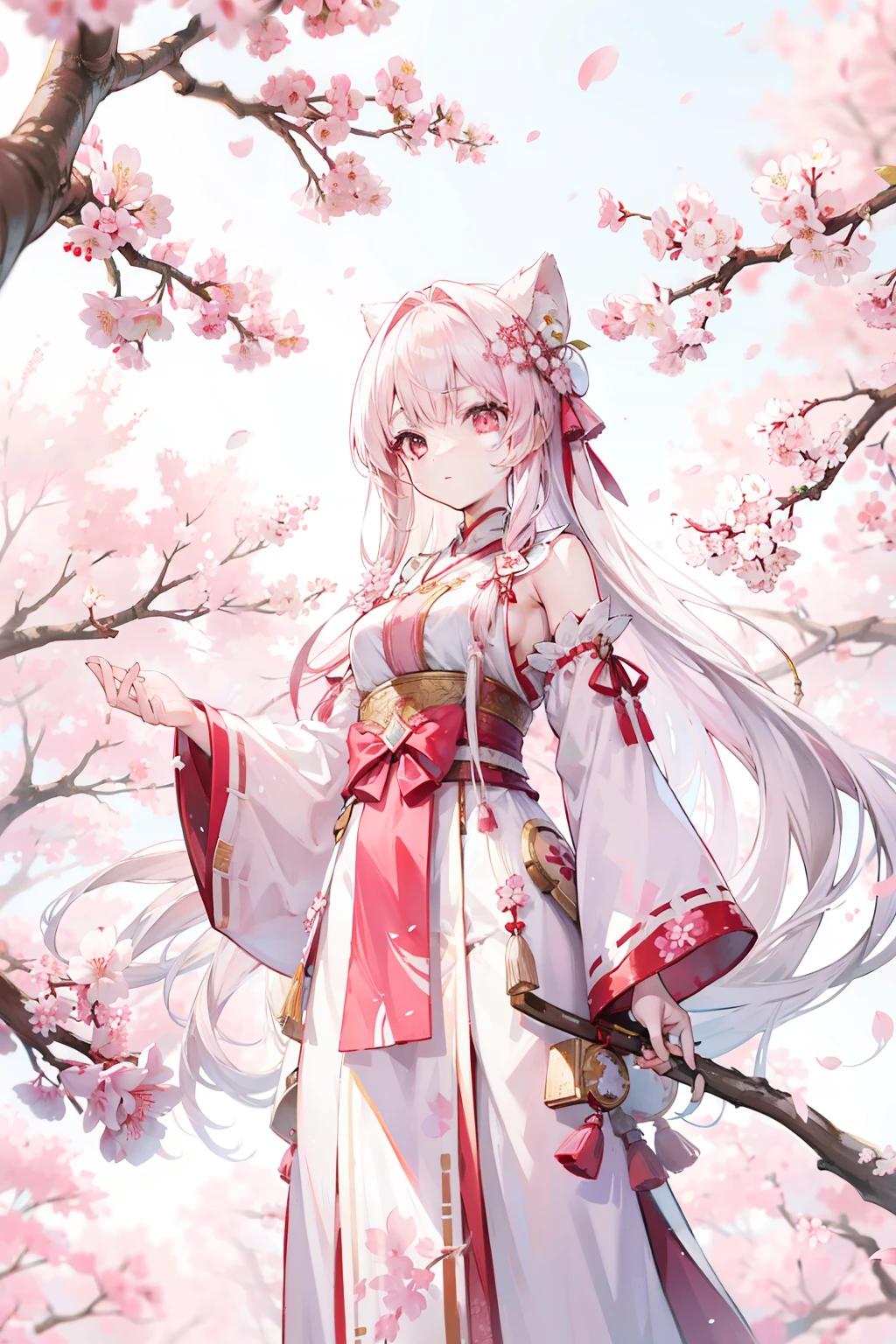 white straight long hair,Wearing a pale pink antique Han costume,Holding cherry blossom branches,In the background, beautiful cherry blossom trees scattered with cherry blossoms,She is a sweet girl who stands tall