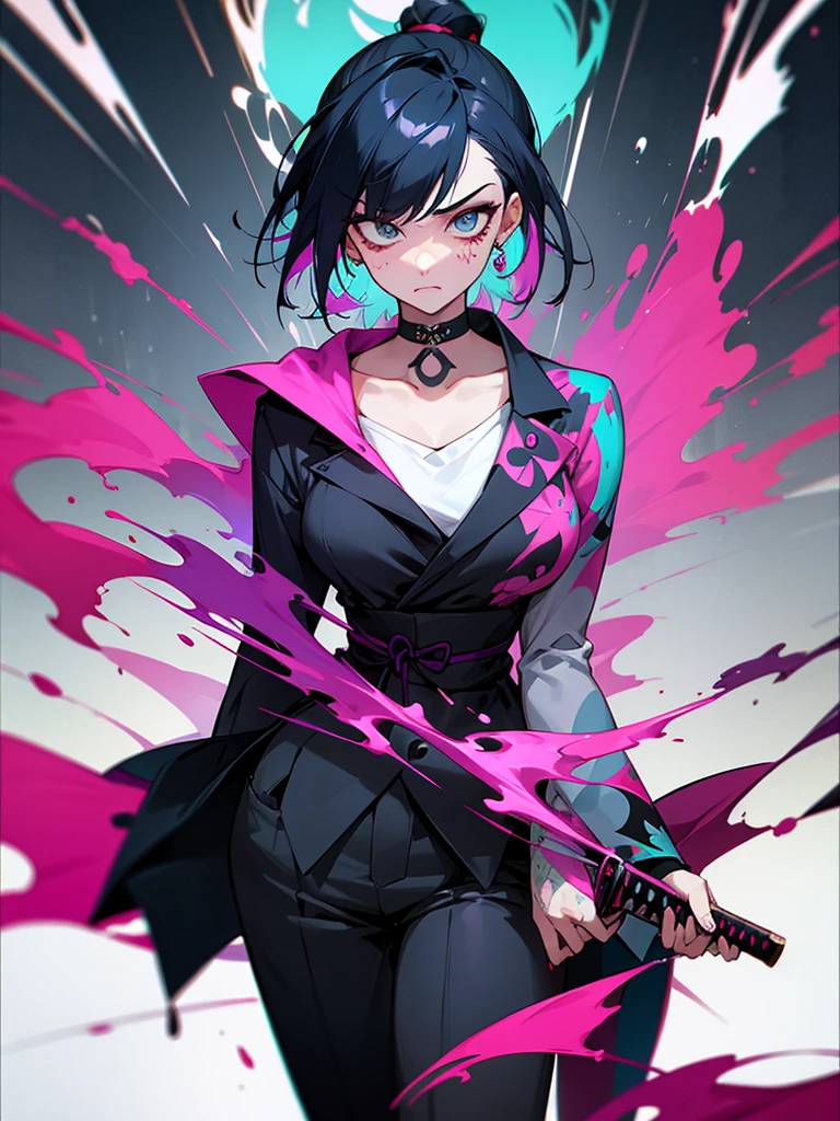 1 woman, wearing a stylish and edgy outfit, the color palette is mainly dark with splashes of vibrant colors, tailored white shirts, fashionable, woman, vibrant, outfit, colorful, accessory, majestic, sharp focus, modern, determined expression, closed one eye, disgusted face, embarrassed, Ink wash painting background, geometry tattoo, (cinematic), elaborate, ninja, katana, pose, collarbone,
