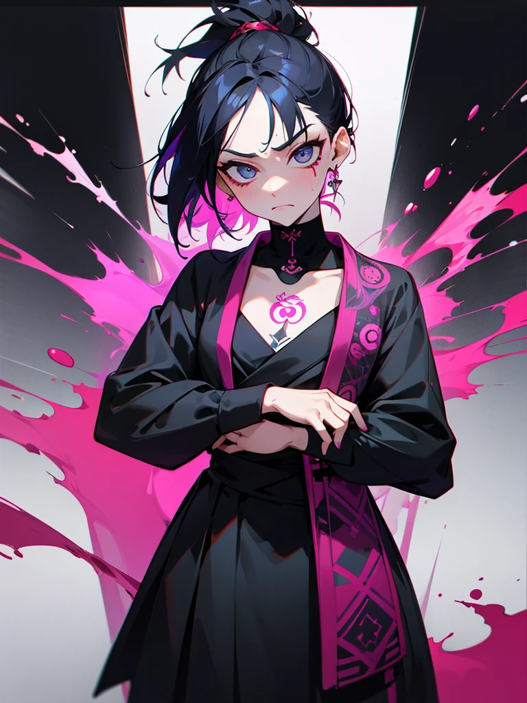 1 woman, wearing a stylish and edgy outfit, the color palette is mainly dark with splashes of vibrant colors, tailored white shirts, fashionable, woman, vibrant, outfit, colorful, accessory, majestic, sharp focus, modern, determined expression, closed one eye, disgusted face, embarrassed, Ink wash painting background, geometry tattoo, (cinematic), elaborate, ninja, katana, pose, collarbone,