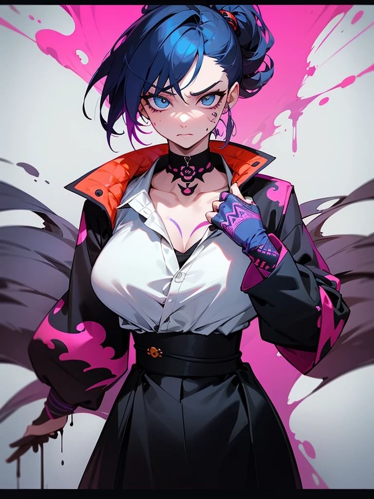 1 woman, wearing a stylish and edgy outfit, the color palette is mainly dark with splashes of vibrant colors, tailored white shirts, fashionable, woman, vibrant, outfit, colorful, accessory, majestic, sharp focus, modern, determined expression, closed one eye, disgusted face, embarrassed, Ink wash painting background, geometry tattoo, (cinematic), elaborate, ninja, katana, pose, collarbone,