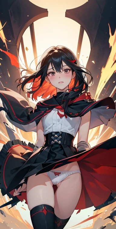 beautiful, masterpiece, Highest quality, Highly detailed face, Perfect lighting,One girl, alone, matoi ryuuko, Seraph of the Black, A flipped up black skirt, Redhead, senketsu, Torn clothes, Underbust,White panties in full view,Leg spread,Fine wrinkles in the crotch,Embarrassing、blush、shame、A lot of people