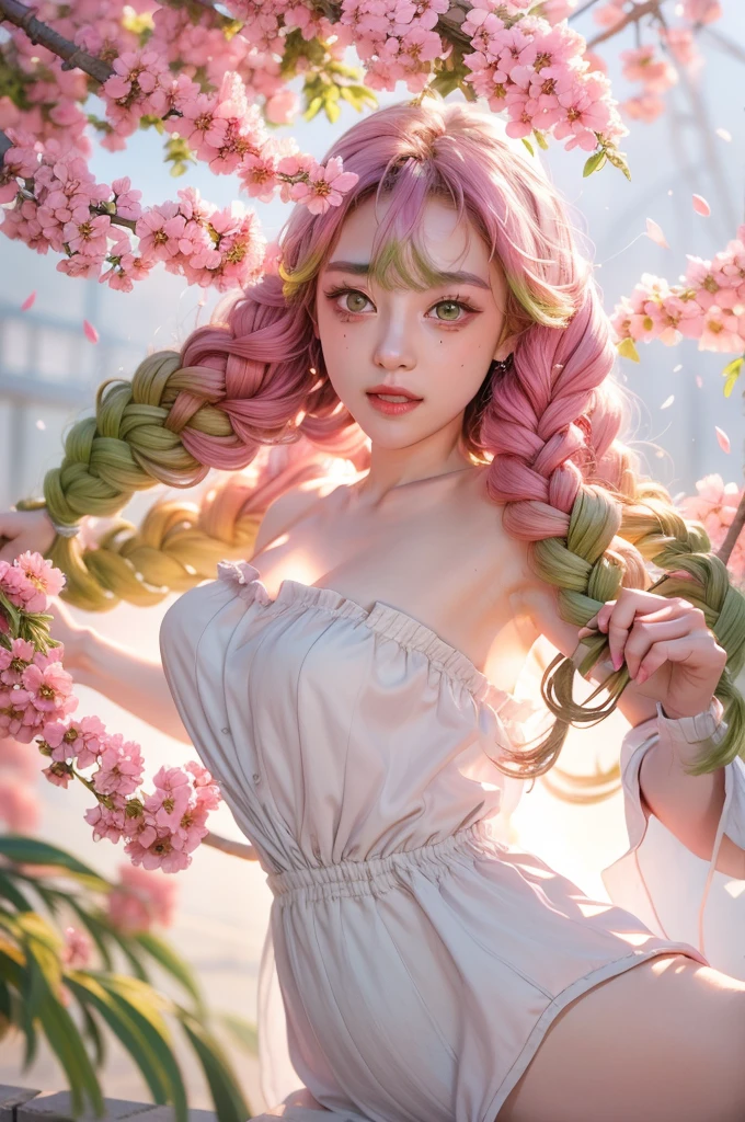 Light pink hair, green eyes, pink and white, sakura leafs, vivid colors, white dress, paint splash, simple background, ray tracing, wavy hair, mitsuri(demon slayer)