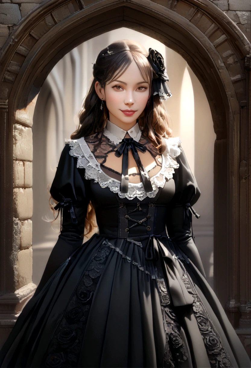 (realistic, photo-realistic:1.37), incredibly absurdres, (insanely detailed:1.3), 8k, (masterpiece), (best quality:1.4), (ultra high res:1.2), (RAW photo:1.2), ultra detailed background, (unity 8k wallpaper), 1 nogizaka girl, utterly cute, bishojo, 15yo, (gothic lolita fashion), an exquisitely detailed and beautiful face and eyes and skin, detailed black shine hair, elegant frills, frilled tie, ribbon tie, rose hair accessory, a dress with delicate lace, soft fabric, and a beautiful rose pattern, smile at the camera, cowboy shot, castles scenery in europe, professional lighting