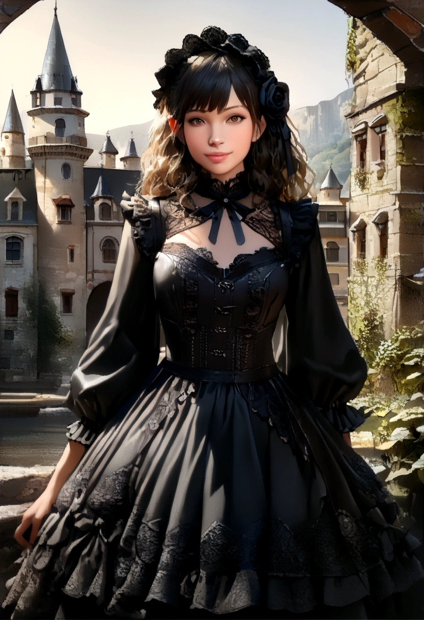(realistic, photo-realistic:1.37), incredibly absurdres, (insanely detailed:1.3), 8k, (masterpiece), (best quality:1.4), (ultra high res:1.2), (RAW photo:1.2), ultra detailed background, (unity 8k wallpaper), 1 nogizaka girl, utterly cute, bishojo, , (gothic loliashion), an exquisitely detailed and beautiful face and eyes and skin, detailed black shine hair, elegant frills, frilled tie, ribbon tie, rose hair accessory, a dress with delicate lace, soft fabric, and a beautiful rose pattern, smile at the camera, cowboy shot, castles scenery in europe, professional lighting