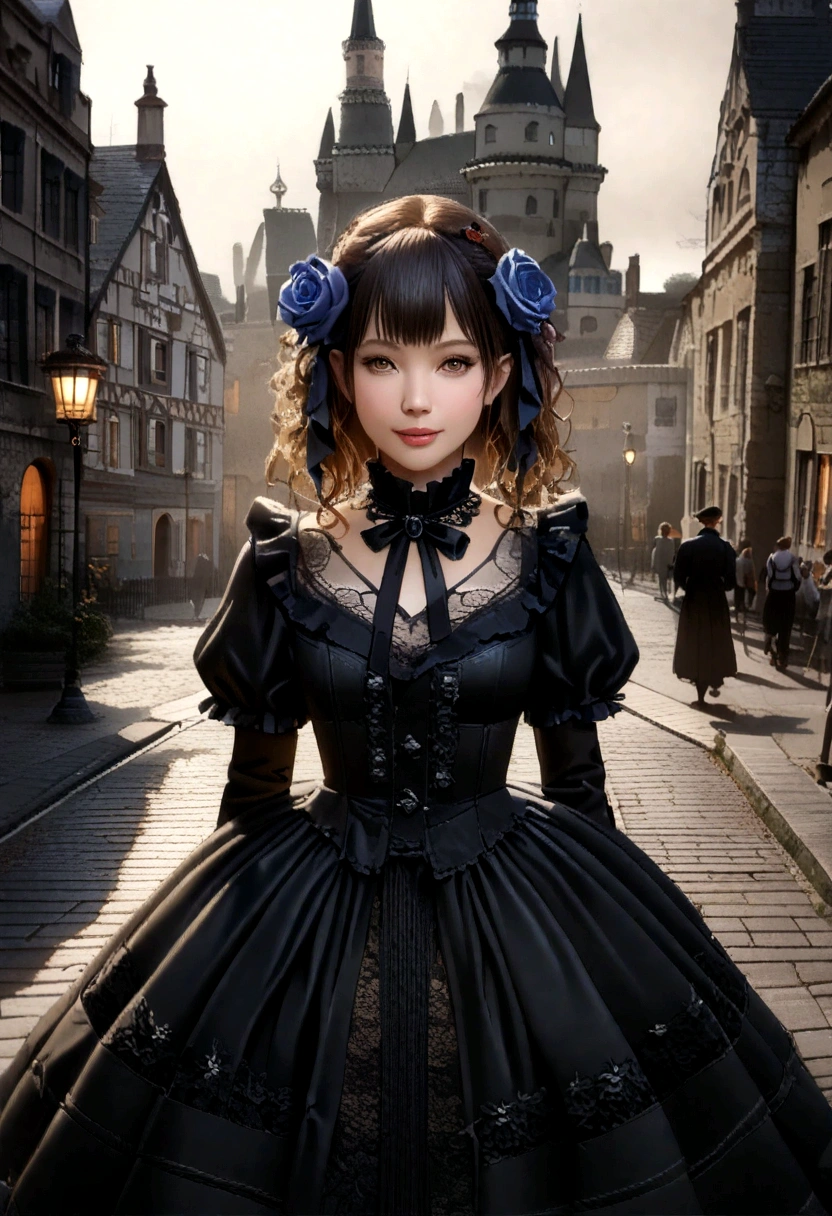 (realistic, photo-realistic:1.37), incredibly absurdres, (insanely detailed:1.3), 8k, (masterpiece), (best quality:1.4), (ultra high res:1.2), (RAW photo:1.2), ultra detailed background, (unity 8k wallpaper), 1 nogizaka girl, utterly cute, bishojo, , (gothic loliashion), an exquisitely detailed and beautiful face and eyes and skin, detailed black shine hair, elegant frills, frilled tie, ribbon tie, rose hair accessory, a dress with delicate lace, soft fabric, and a beautiful rose pattern, smile at the camera, cowboy shot, castles scenery in europe, professional lighting