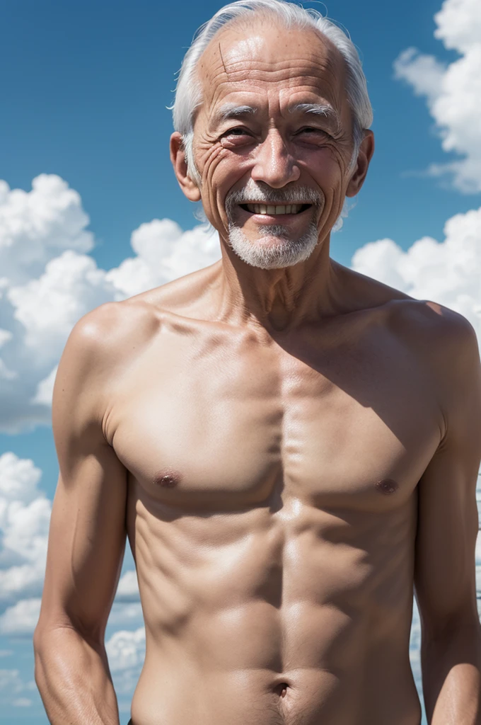 Image format 1:1, with a thin elderly man with a halo on his head, Open arms, in the sky under the clouds, smiling like someone waiting for a hug 