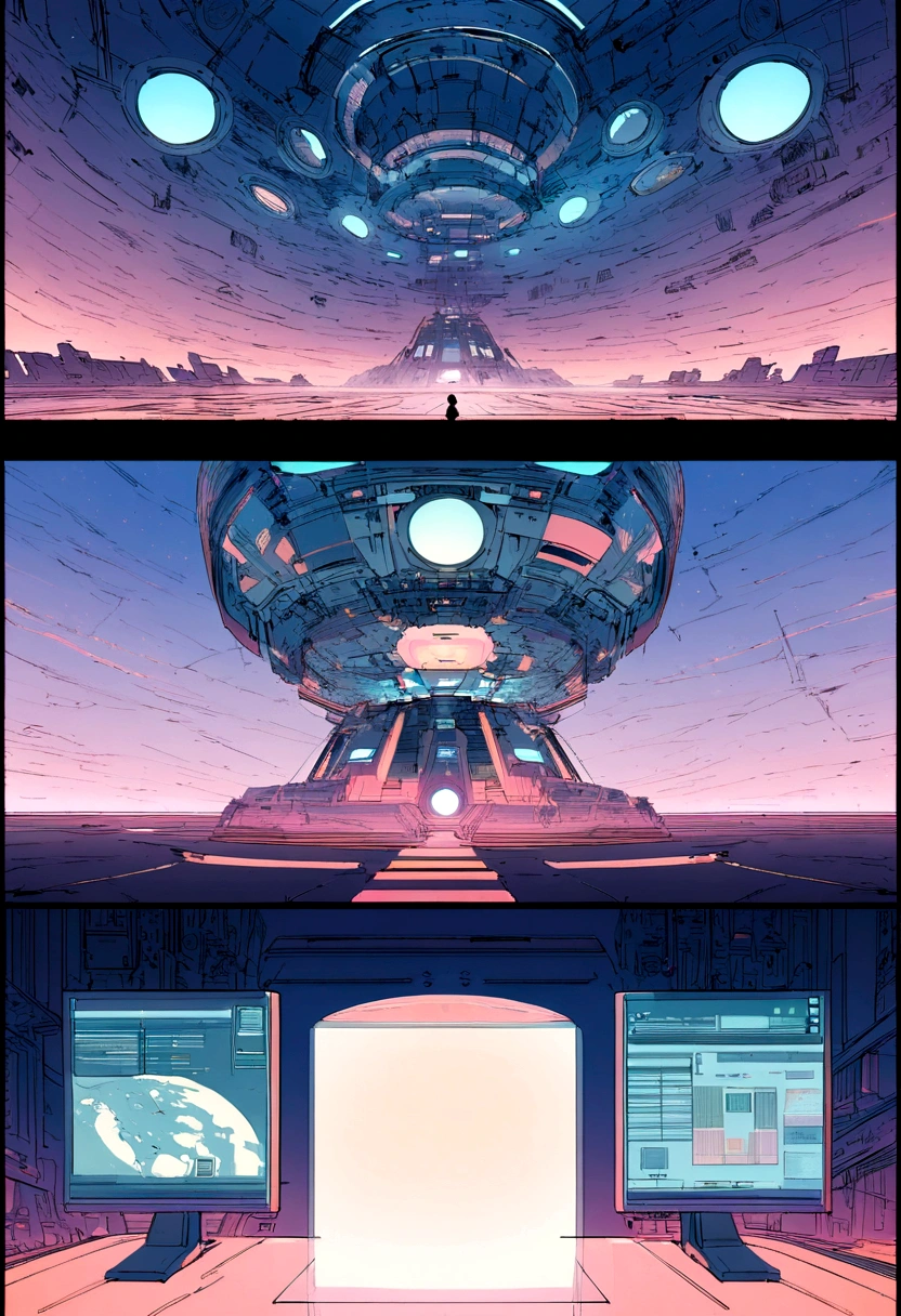 a character in the middle of the image, around him some screens as if they were floating virtual screens projected in the air and on the screens they show as if they were different computer systems, futuristic, comic, 2D, HD