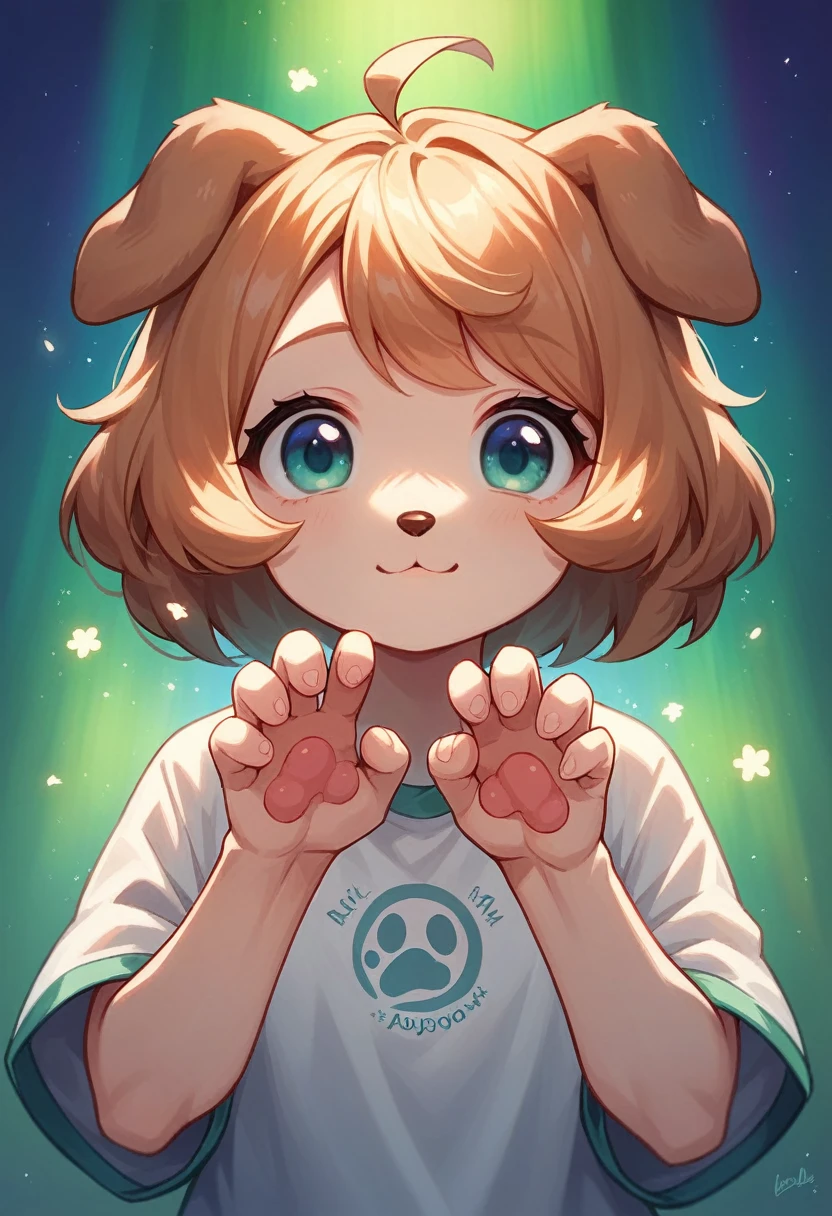 cute dog, cartoon, arms, cute eyes, looking at viewer, hands up, dog ears, effects background, aurora boreal, particles