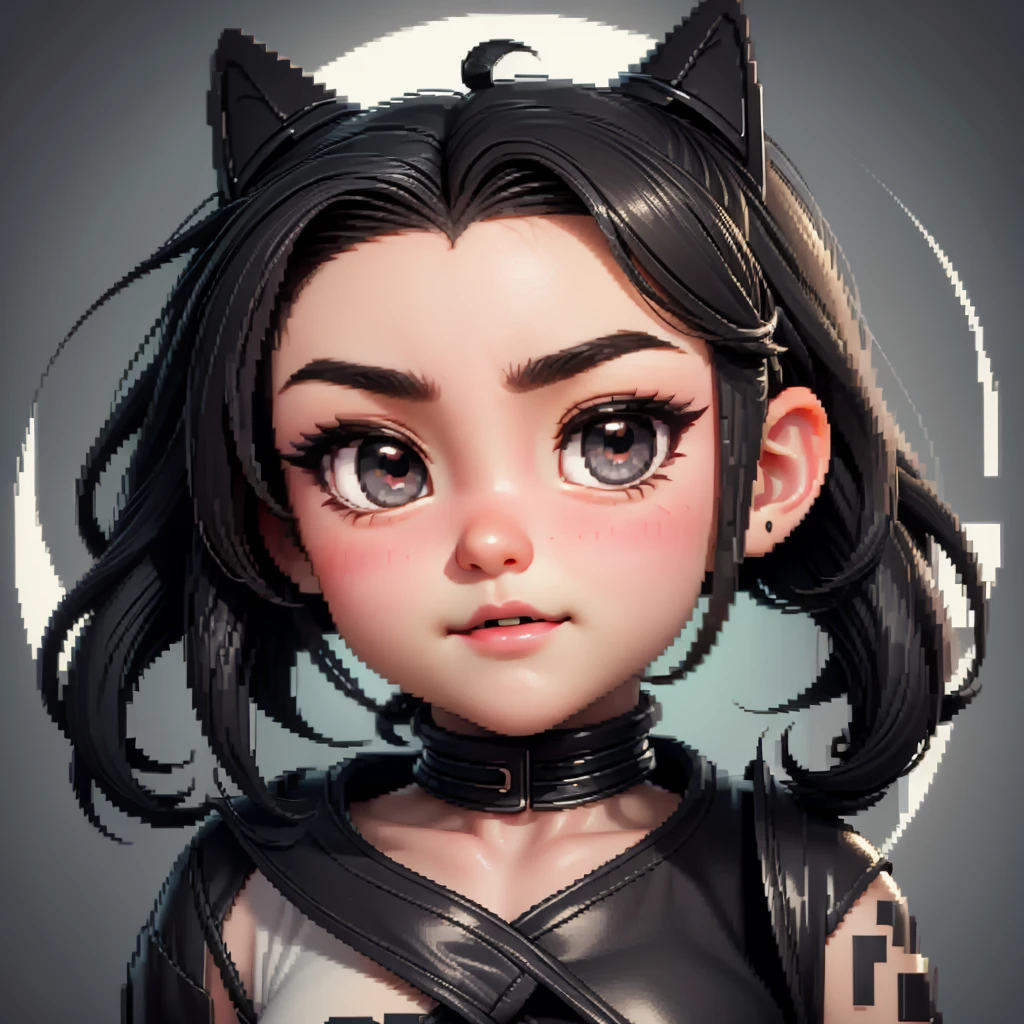 cute girl, chibi Siphonaptera black and gray, bright eyes with cute anime-style expressions, retro style with pixel art motifs, tangled in a big head of hair where only her eyes can be seen